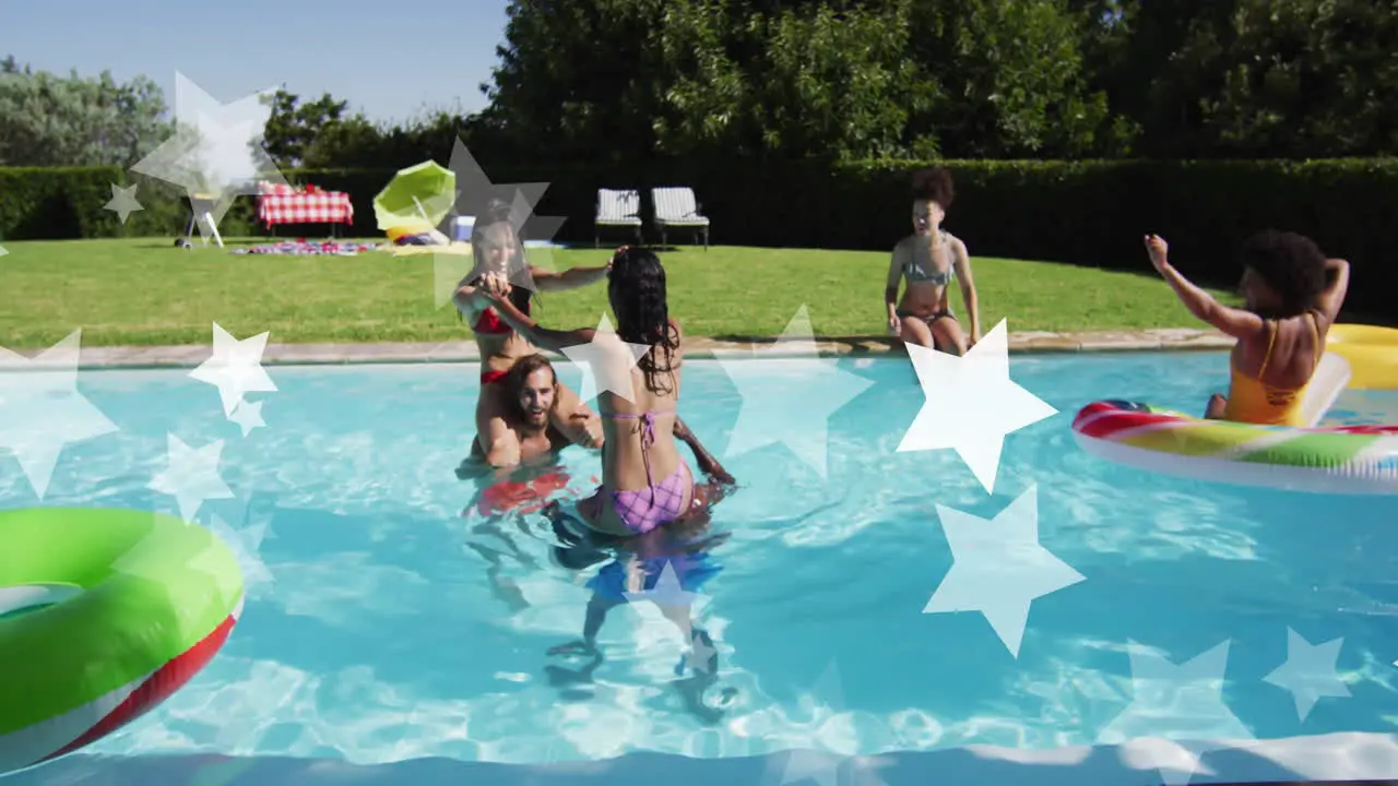 Animation of stars ove diverse friends in swimming pool