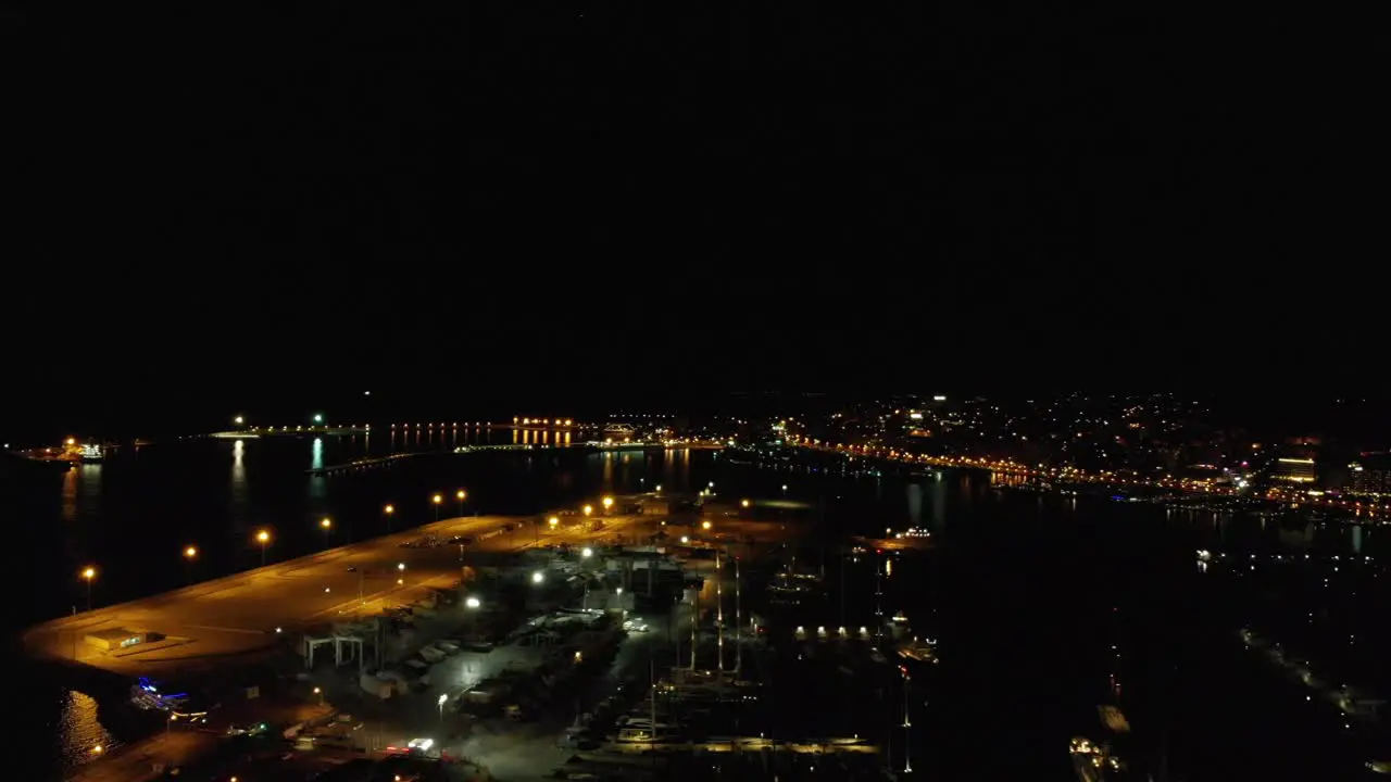 Mallorca Palma Spain by night from the port with a drone view at 4k 24fps