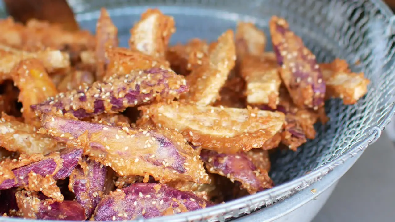 POV to fried taro and fried tofu