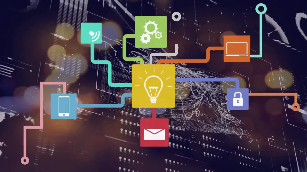 Animation of network of digital icons over interface with data processing against night city traffic