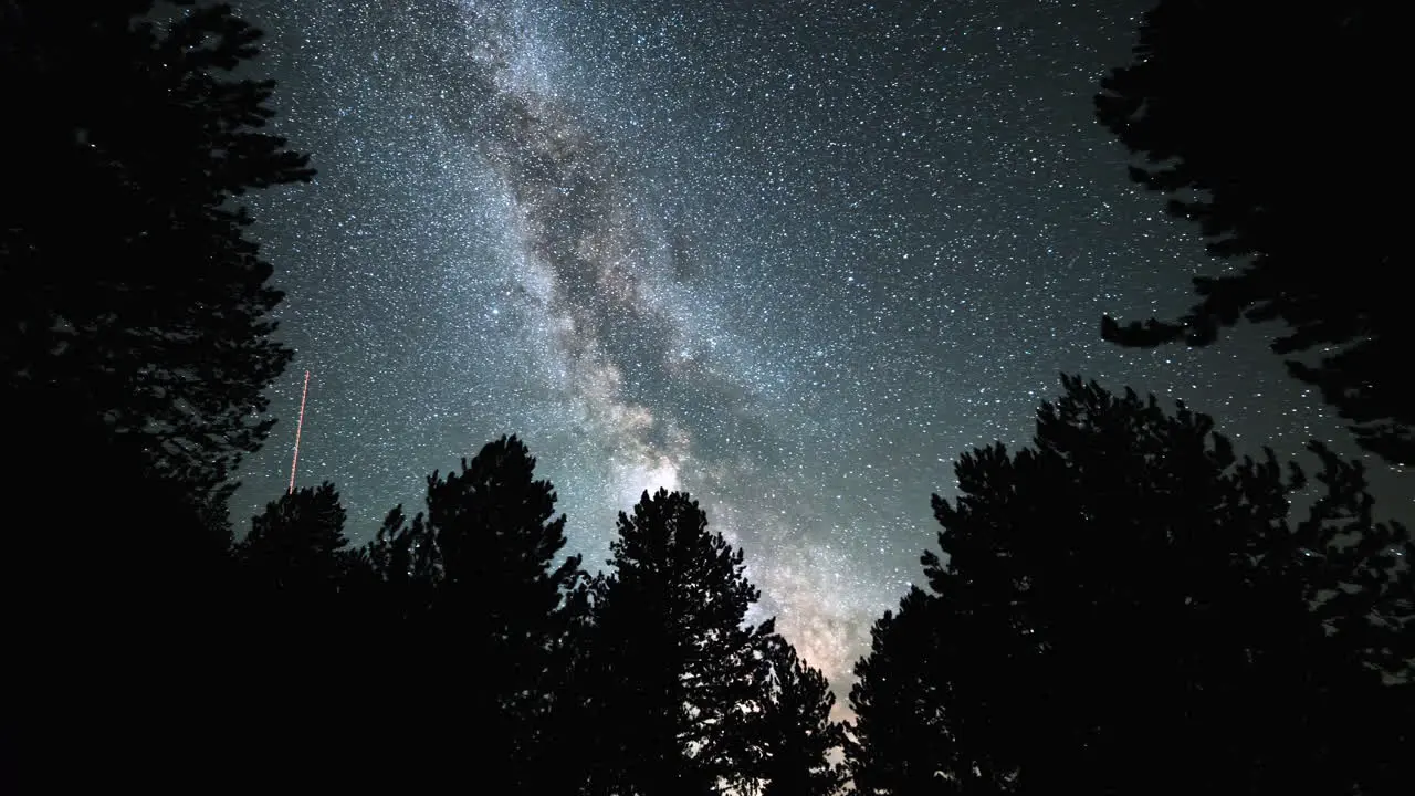 4k astro Timelapse Milkyway over tall pine trees forest night to day Transition