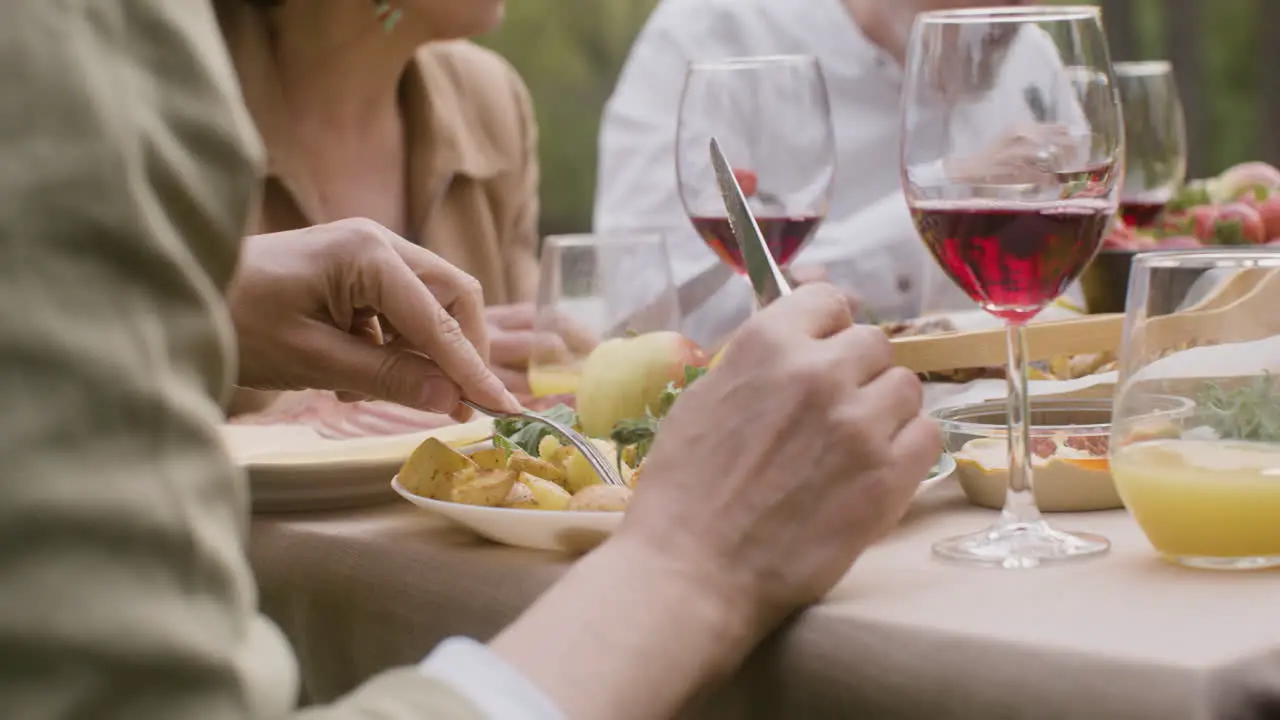 Woman Hand Cutting A Potatoe From A Plate With Vegetables During An Outdoor Party In The Park