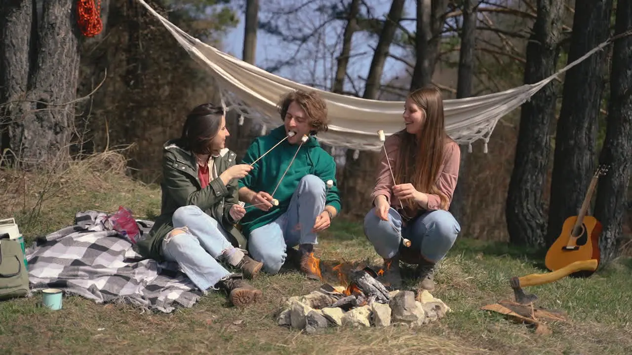 Two Young Girls And A Young Boy Warm Marshmallows On A Bonfire In The Forest