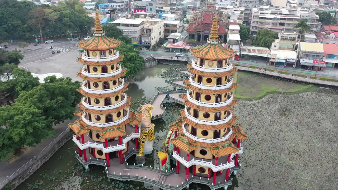 Sliding with a bit of Circular motion View of Spectacular Dragon And Tiger Pagodas Temple With Seven Story Tiered Tower Located at Lotus Lake at Kaohsiung City Taiwan