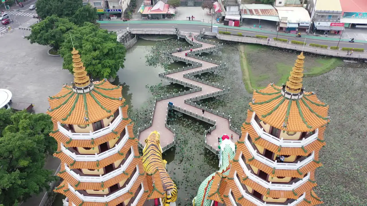 Descending tilting view from the back of the Spectacular Dragon And Tiger Pagodas Temple With Seven Story Tiered Tower Located at Lotus Lake at Kaohsiung Taiwan