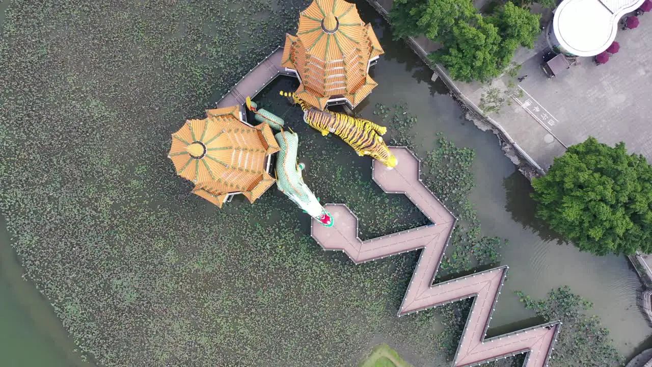 Topdown Tabletop Clockwise Circular Motion Top View of Spectacular Dragon And Tiger Pagodas Temple With Seven Story Tiered Tower Located at Lotus Lake at Kaohsiung City Taiwan