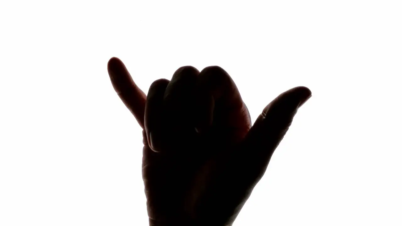 Friendly surfers shaka sign on a white chroma key screen closeup