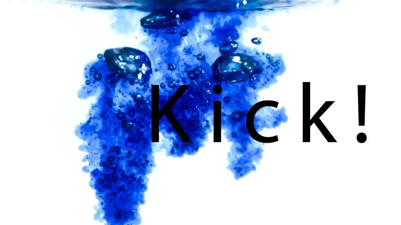 Animation of kick text over liquid on white background