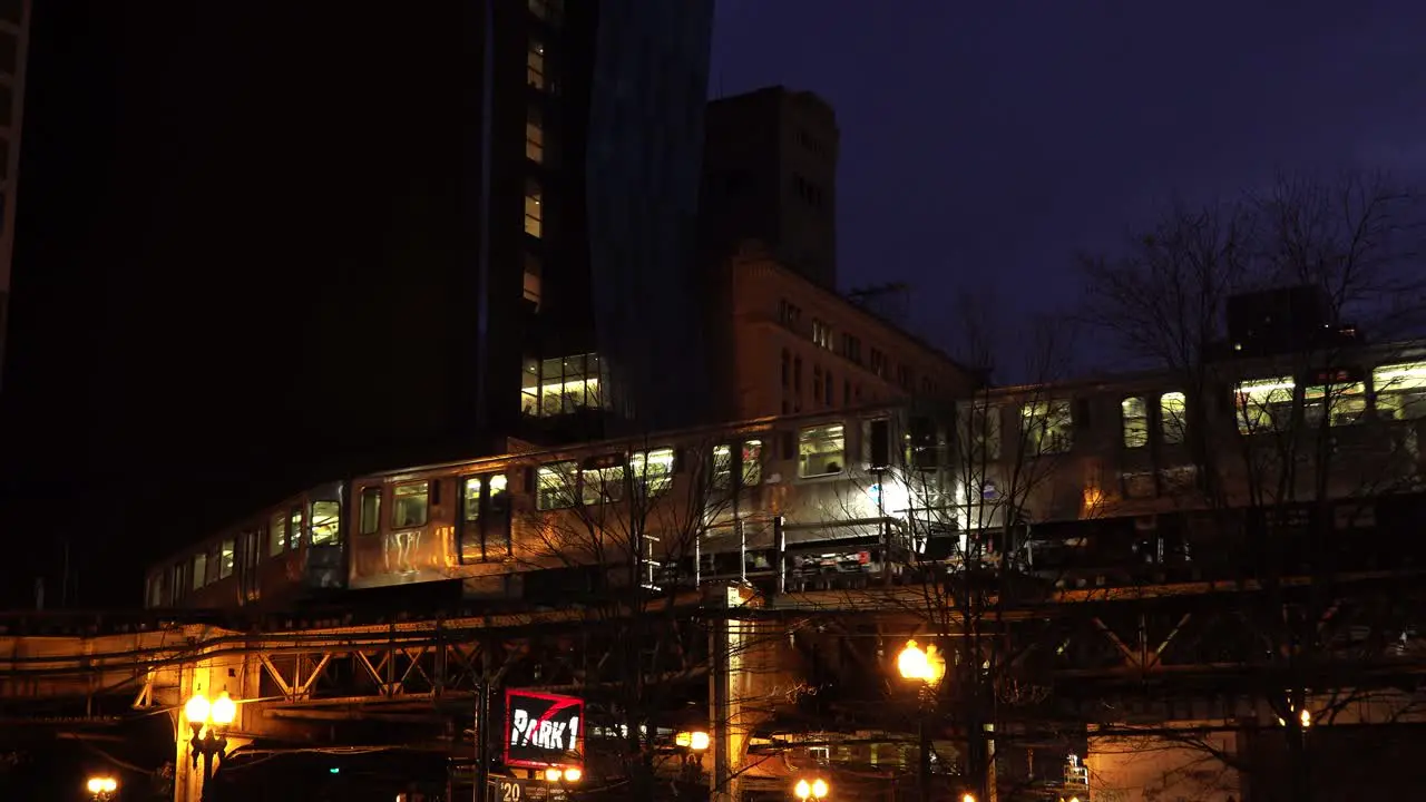 Chicago Subway Train Passing Through City Center At Night