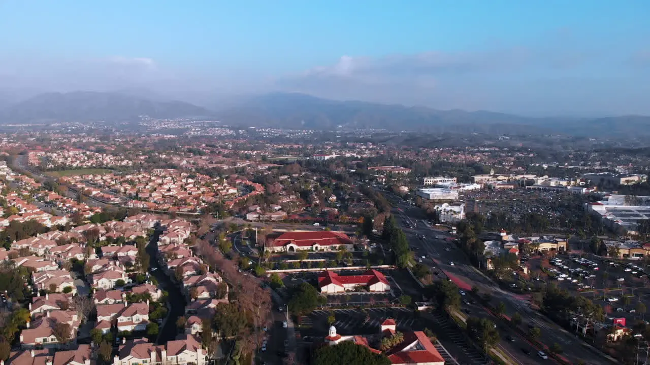 Aerial pull back over a suburban city