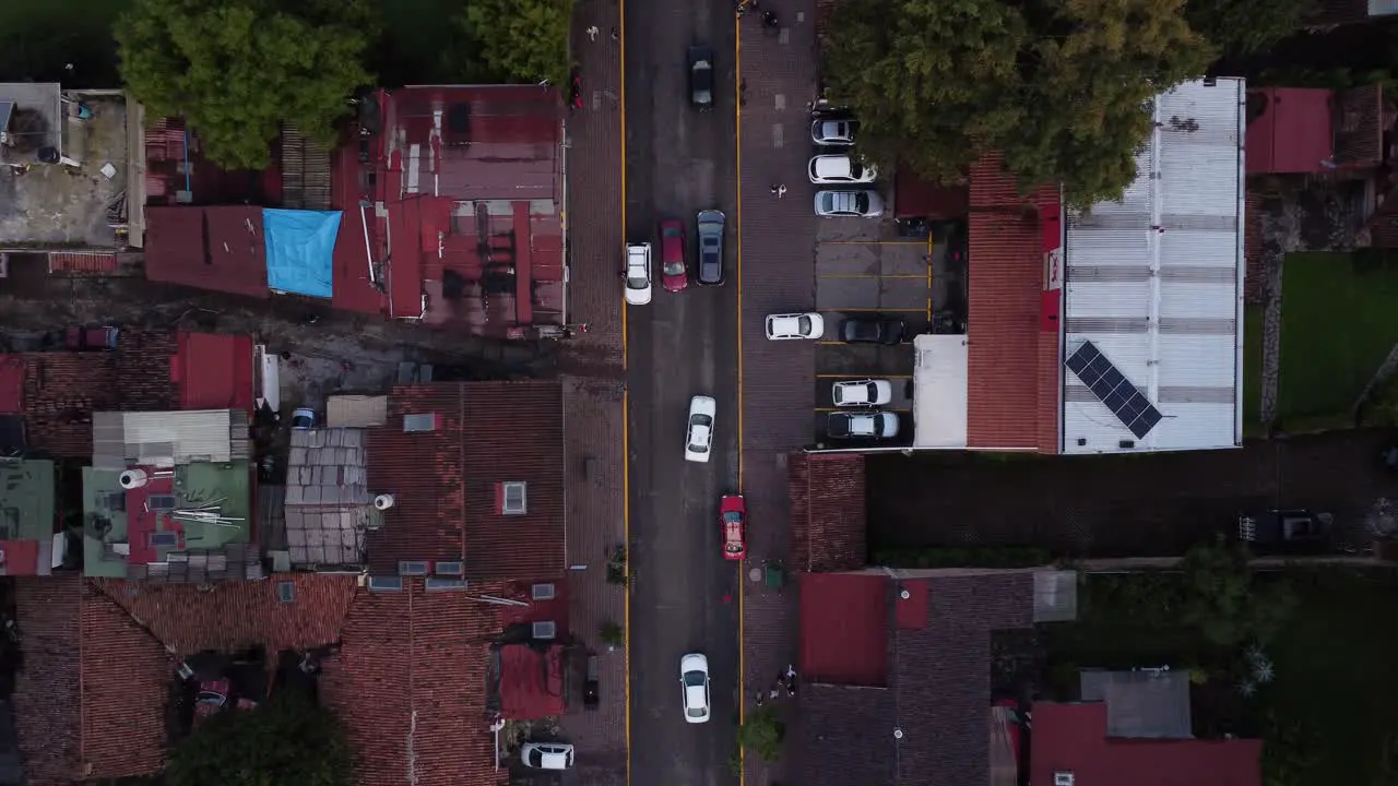 Aerial cenital drone shot of a colorful village