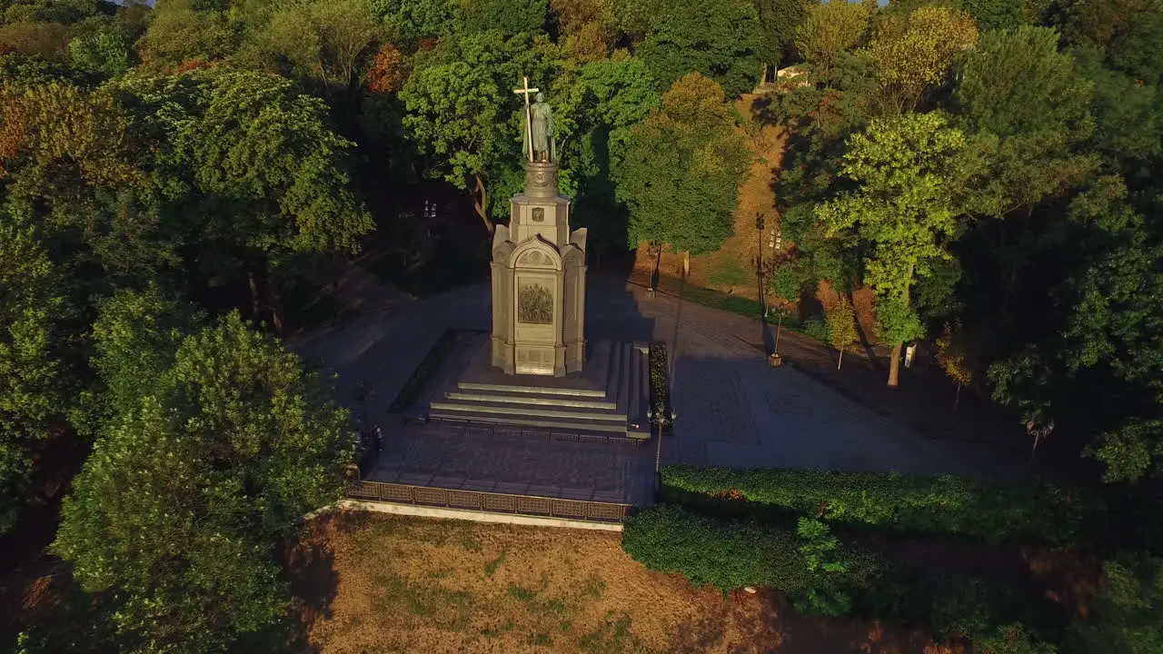 Aerial view monument saint Prince Vladimir with cross in green park Kiev city