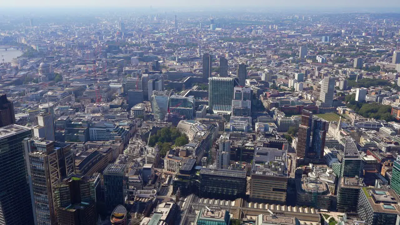 Aerial view of Liverpool Street Station and Finsbury Circus Gardens London UK