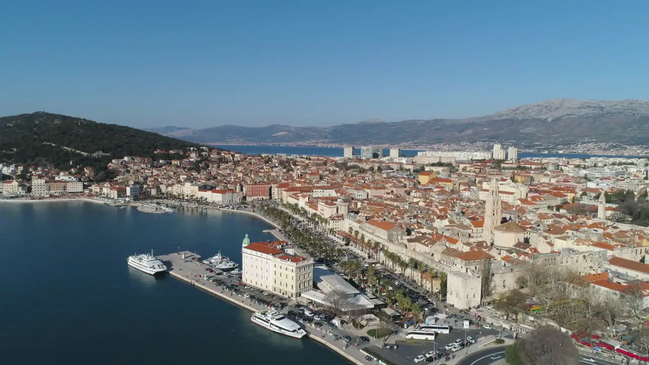 Aerial Orbit Around The Port Of Split Croatia With City Buildings