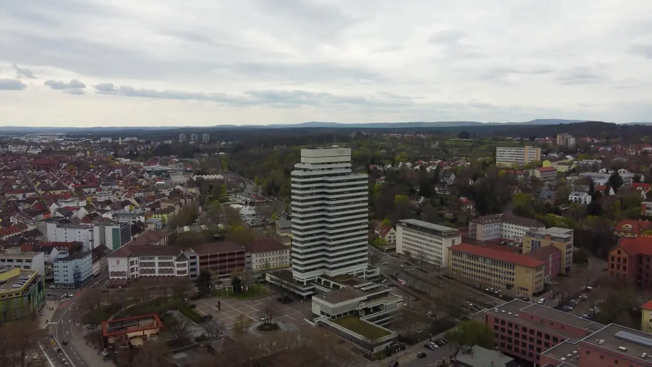 Aerial Drone View towards Municipality Building in K-Town Kaiserslautern Germany on a saturday with empty streets and squares