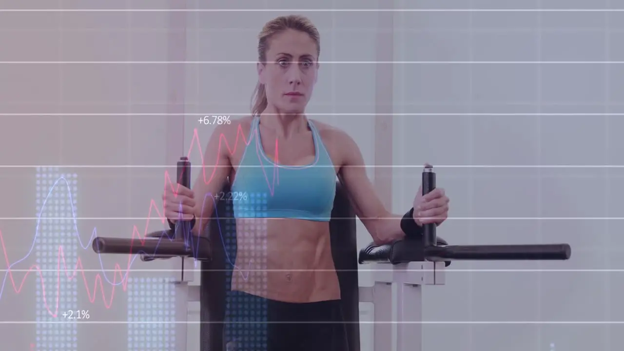 Animation of data processing over fit caucasian woman exercising