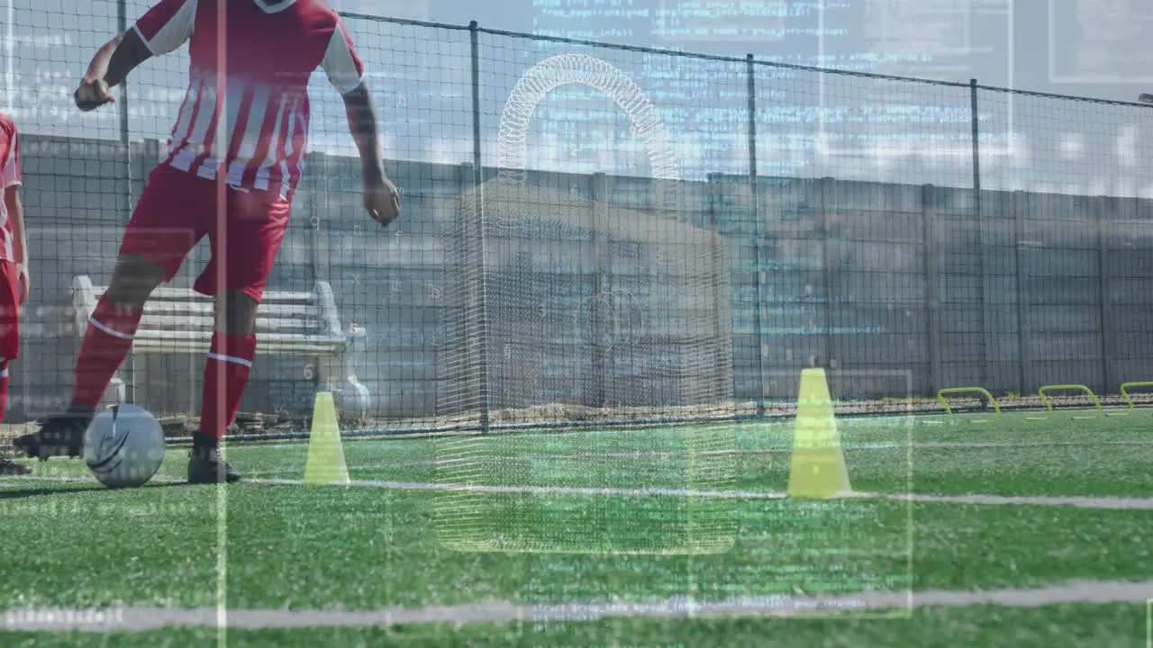 Animation of padlock and interface processing over biracial male footballer training on pitch