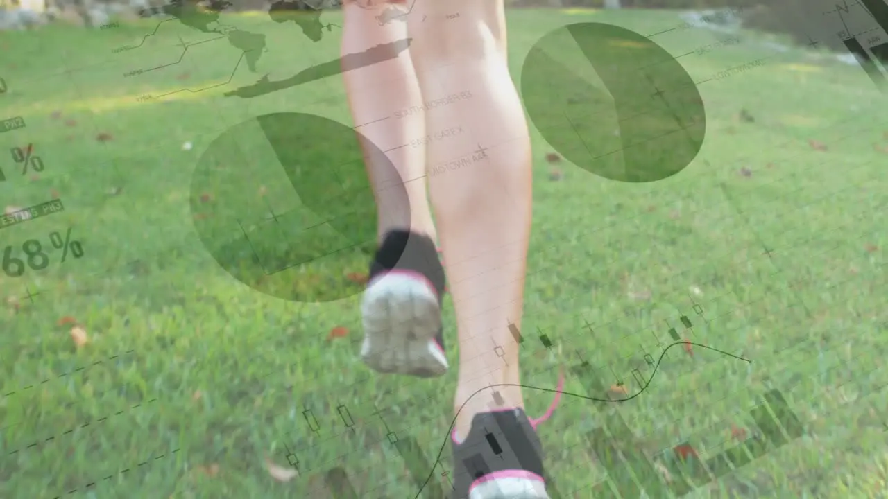 Animation of statistical data processing against low section of a woman running in the park