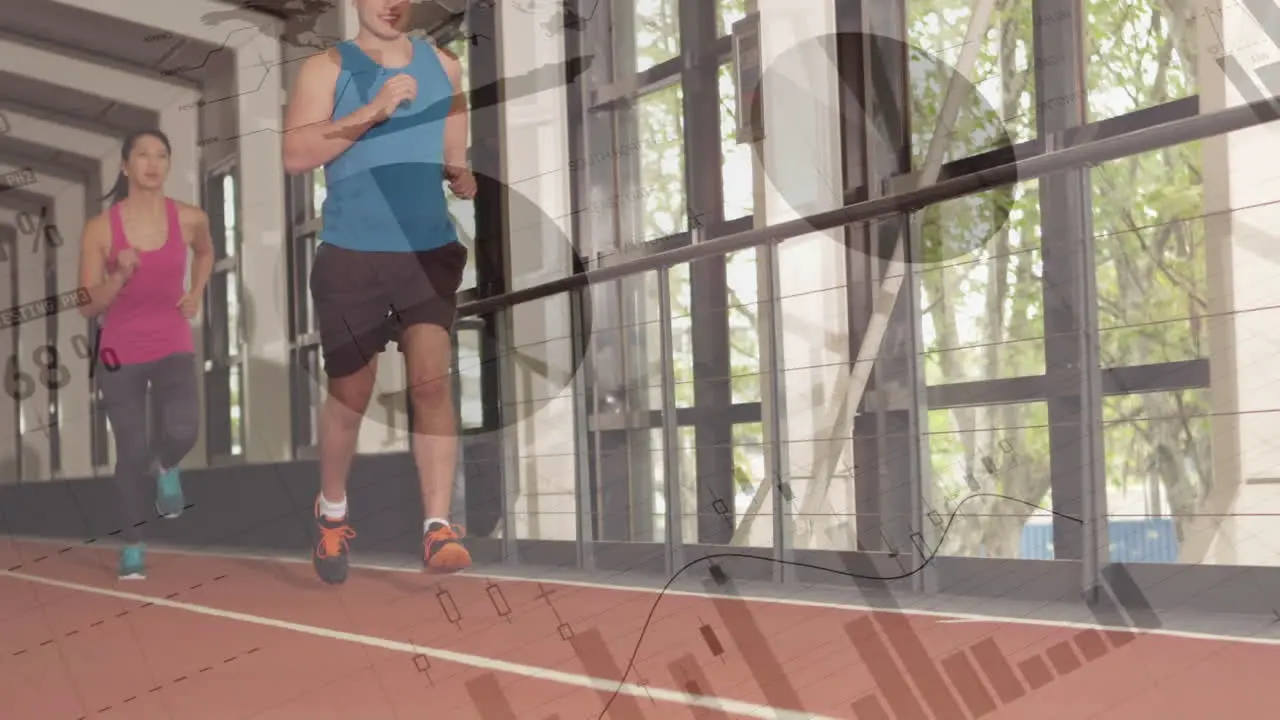 Animation of statistical data processing against diverse fit man and woman running at the gym