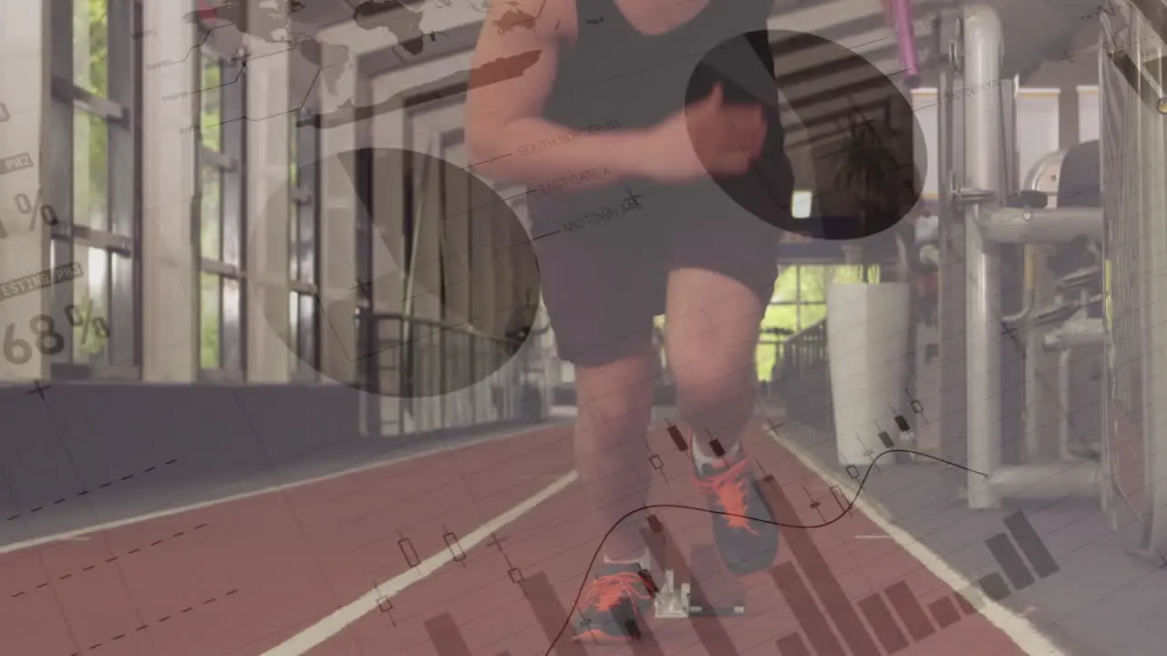 Animation of statistical data processing over caucasian male athlete running from starting position