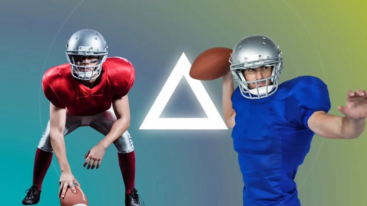 American football player holding ball over american model against composite background