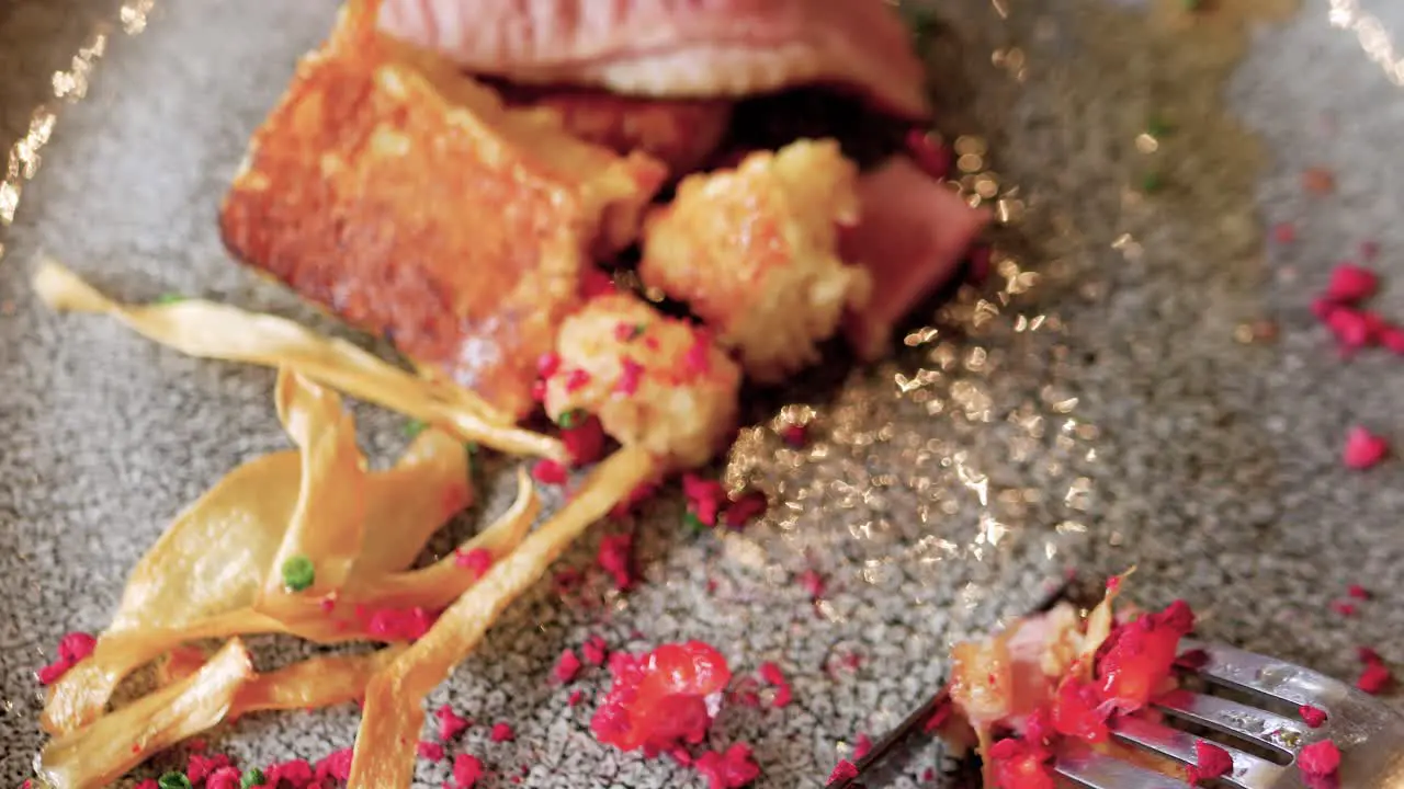 First person view of eating a fine dining meal of duck breast with king oyster mushroom chips