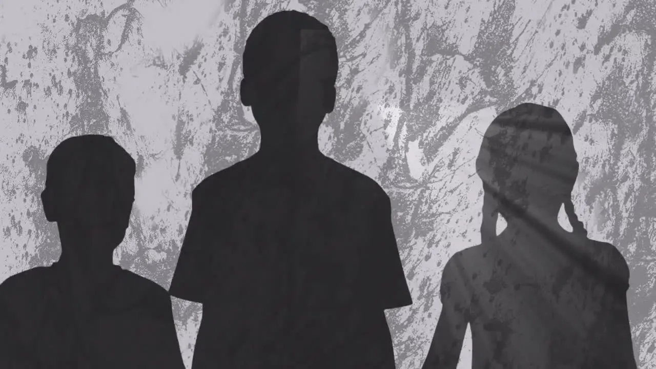 Animation of people silhouettes over shapes on grey background