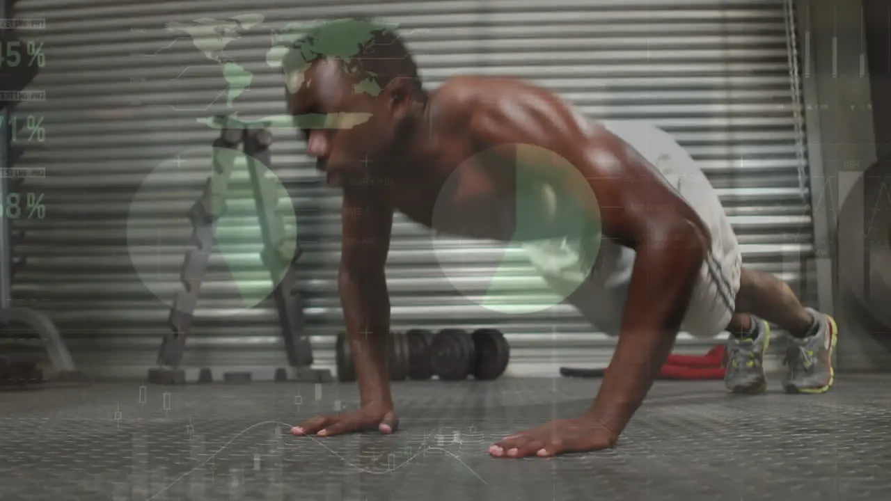 Animation of statistical data processing over african american fit man performing push ups at gym