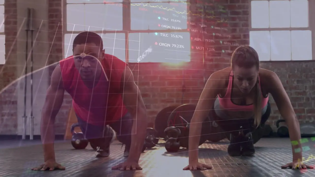 Animation of stock market data processing over biracial fit couple performing push ups at the gym