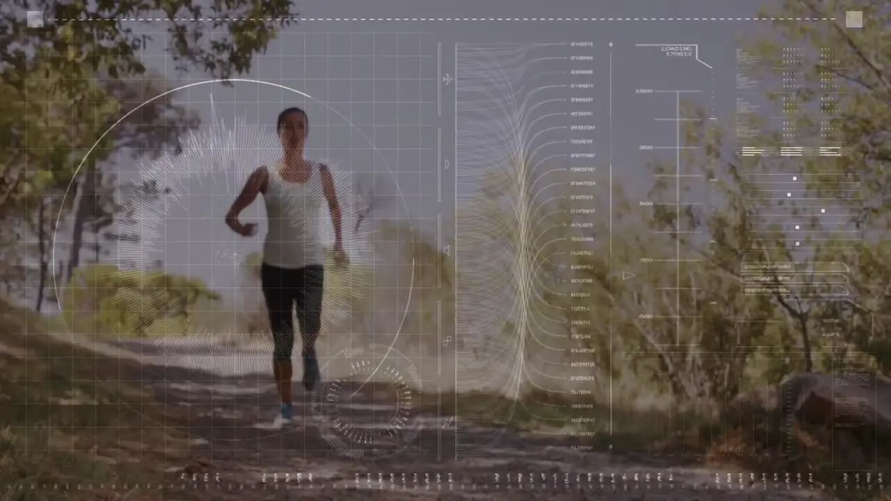 Animation of digital screen and data processing over fit woman running