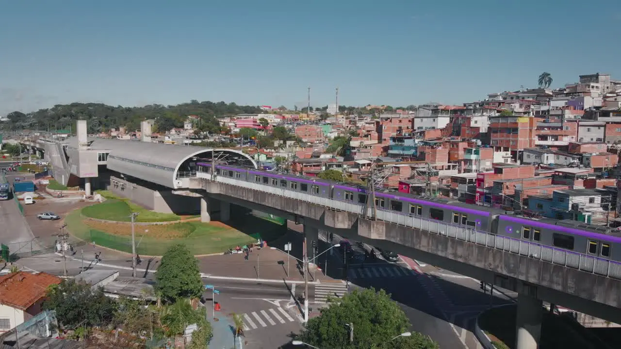 Aerial landscape image Flying over slum subway rail in district of Capão Redondo São Paulo City in Brazil