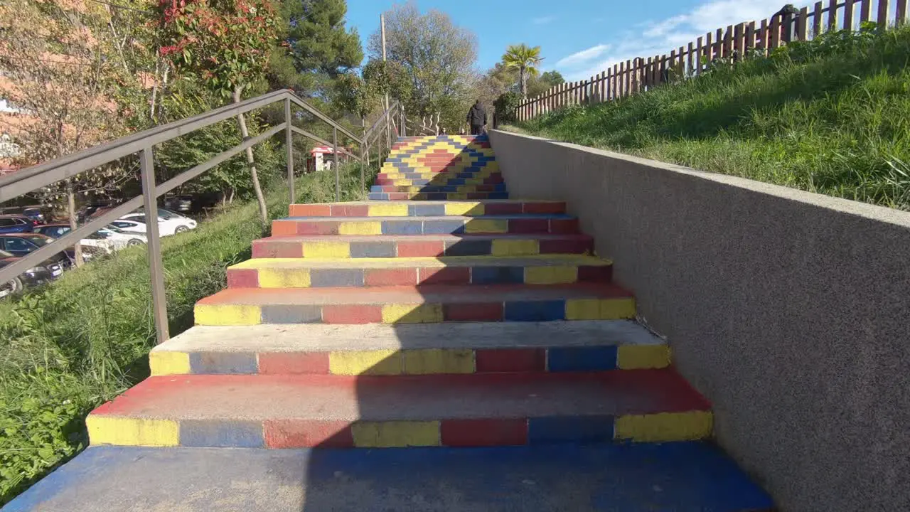 Colourful Urban Stairwell in Tirana's City center in Albania Wide push in gimbal shot