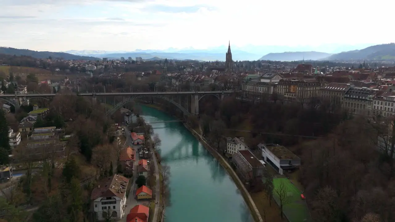 Arch bridge over Aare river leading to historical Bern city center