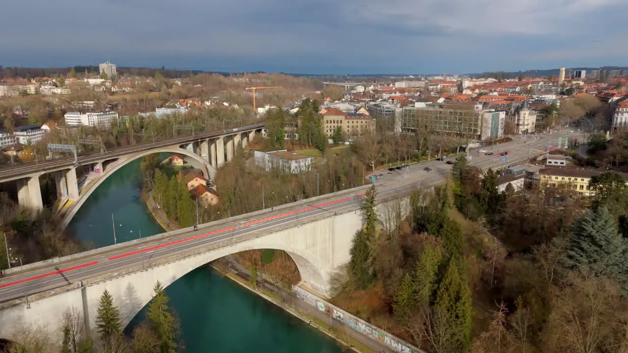 Arch bridges for cars and trains leading to Bern city center streets