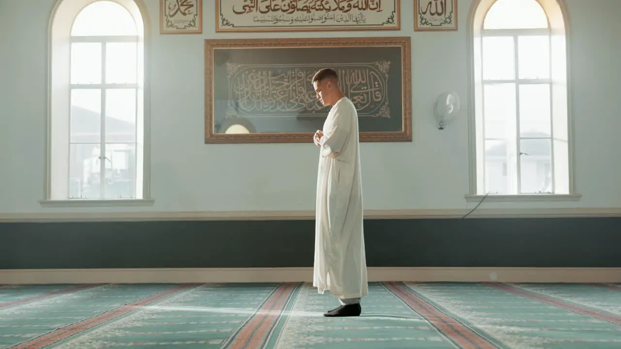 Muslim man praying and mosque with faith