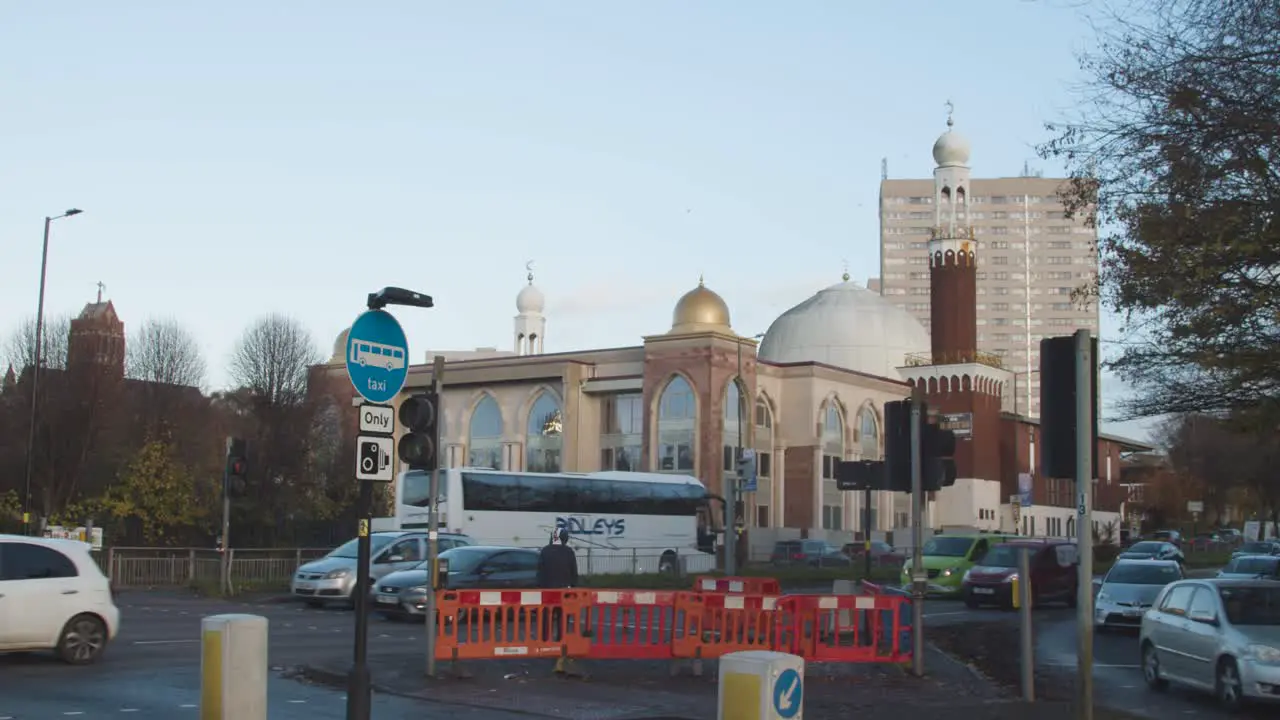 Exterior Of Birmingham Central Mosque In Birmingham UK With Traffic 1