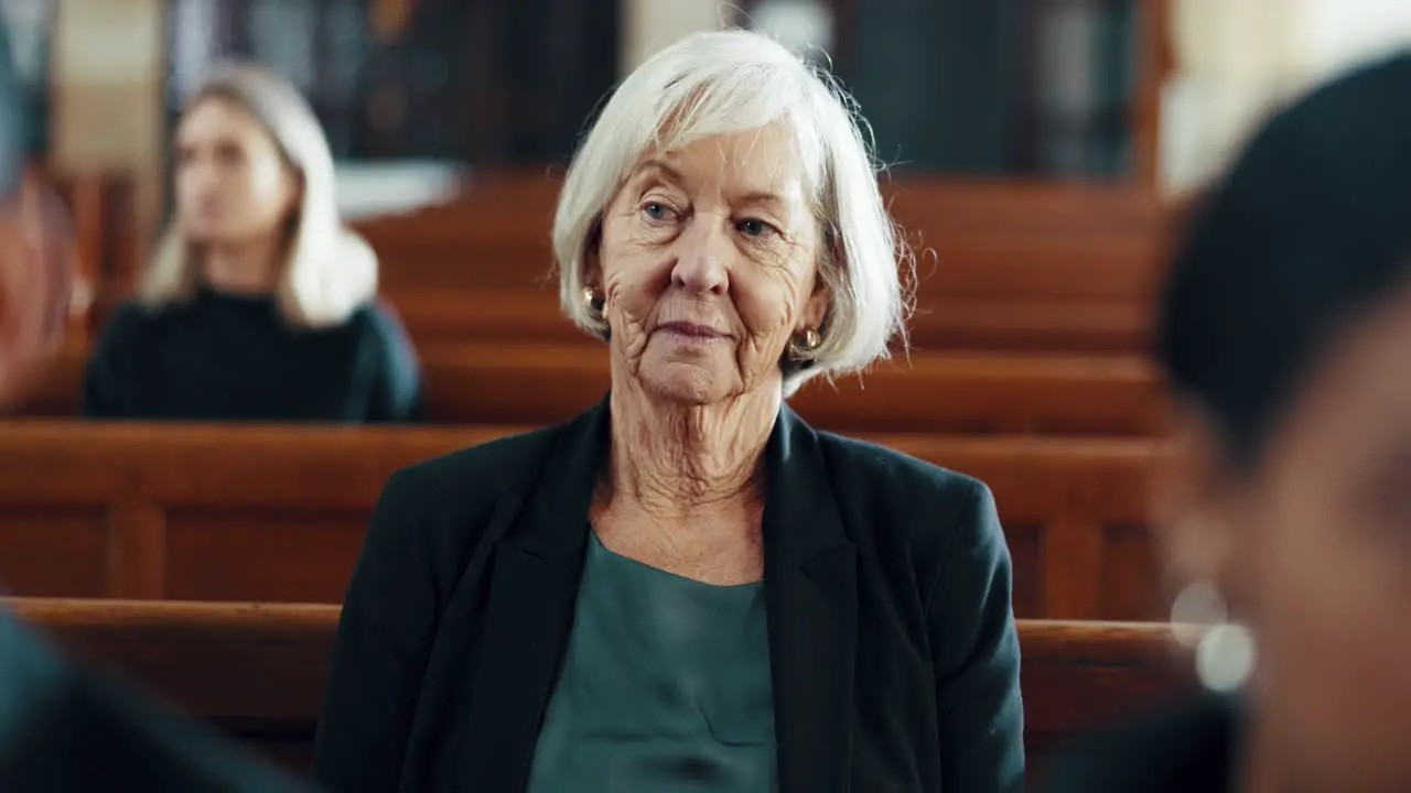 Funeral church and senior woman for ceremony