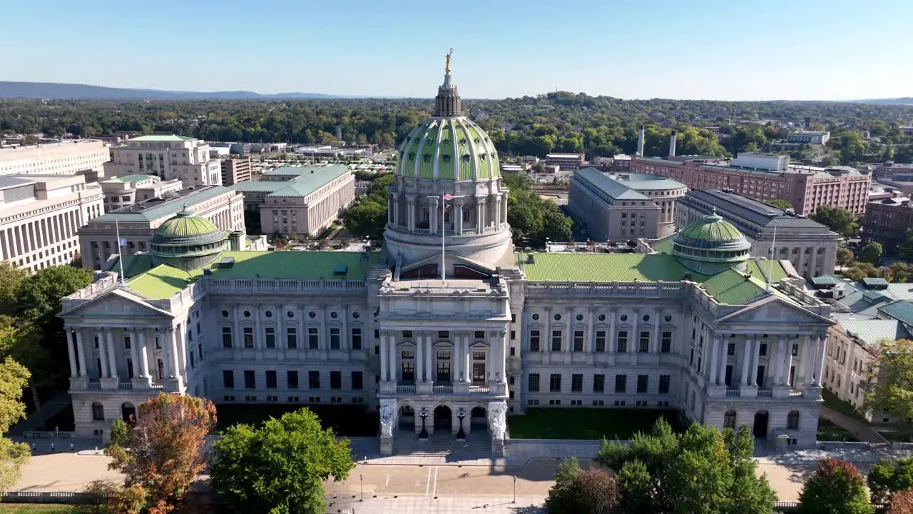 aerial slow push into the pennsylvania capital building in harrisburg pennsylvania