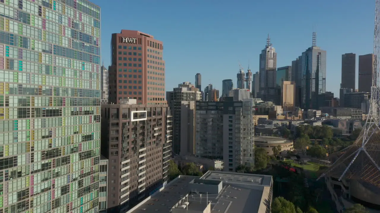 Aerial pan looking across Melbourne's Art Precinct toward the Sporting Precinct while Balloons fly over head