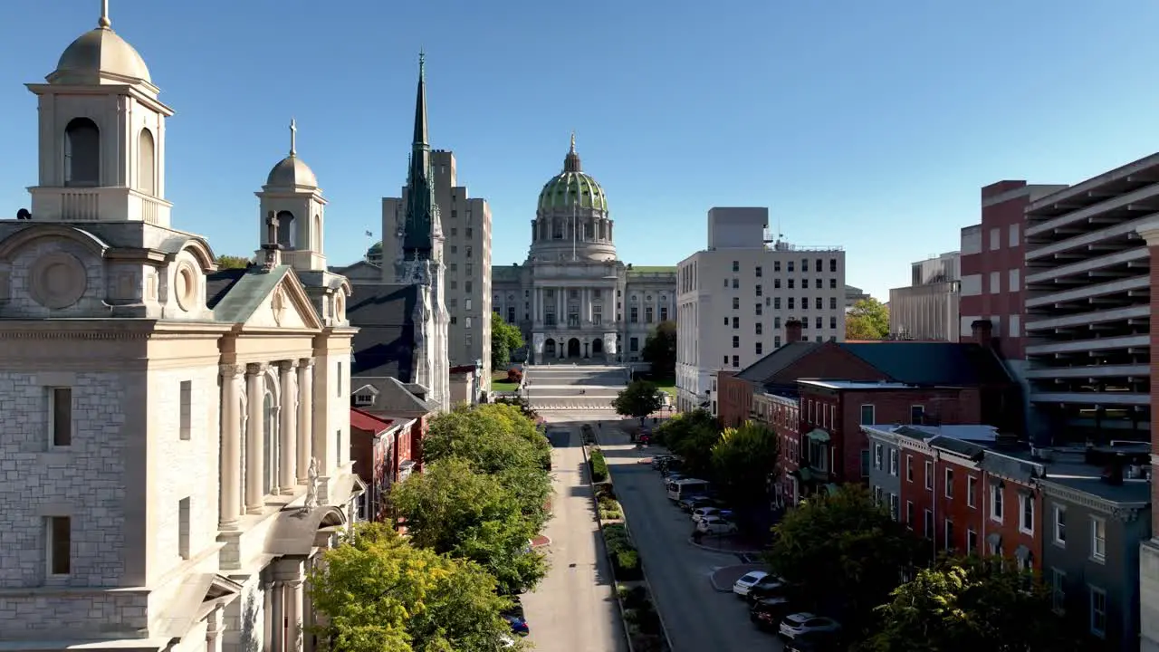 aerial slow push into the pennsylvania state house in harrisburg pennsylvania