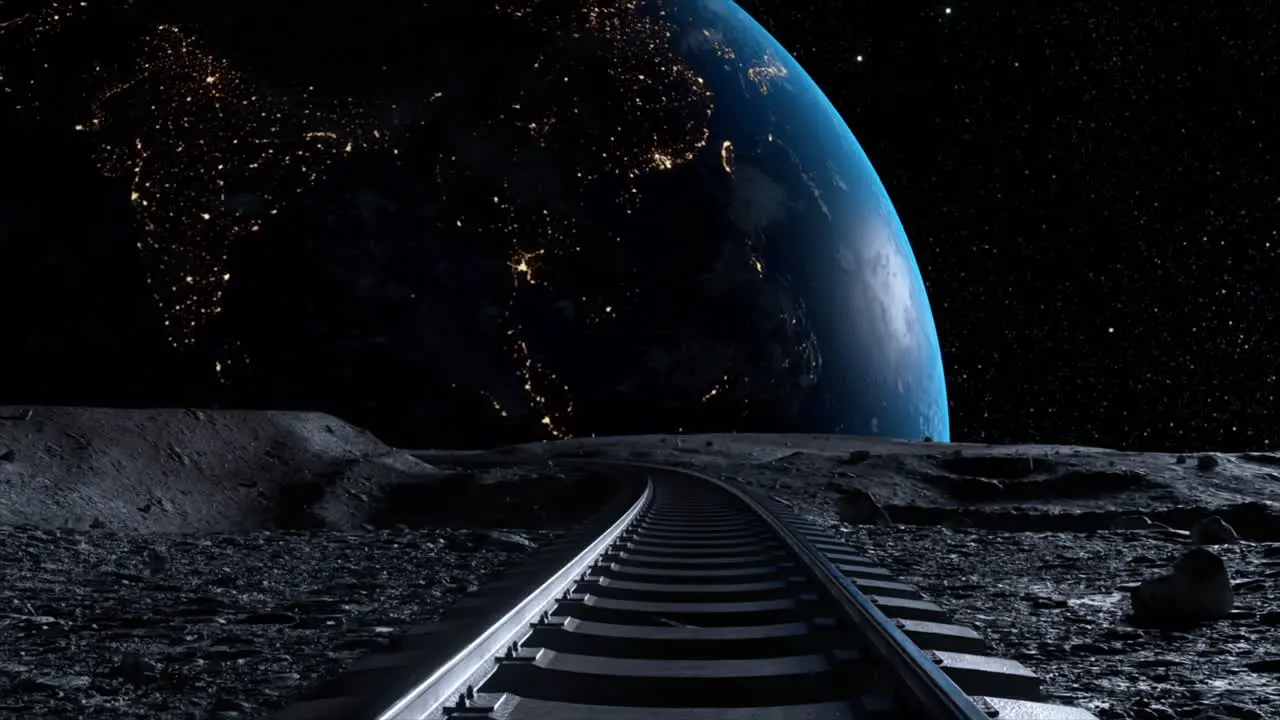 Railway Tracks Extend Across a Barren Lunar Landscape with a Detailed View of a Brilliantly