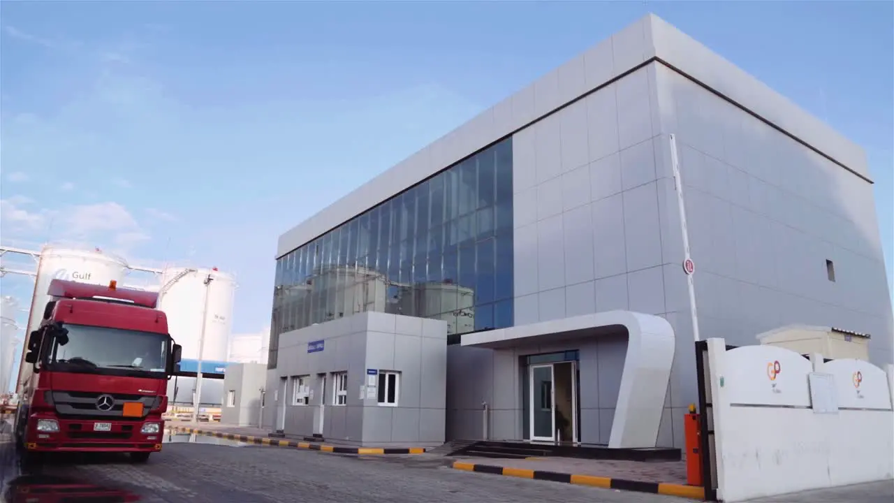 Tank Truck Leaving A Petroleum Company In Dubai UAE At Daytime slow motion