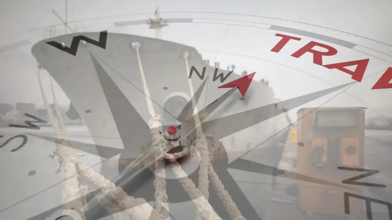 Animation of compass with arrow pointing to travel text over ship in harbour