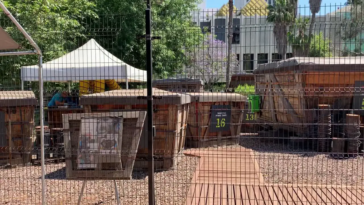 Large wooden fossil crates at the La Brea Tar Pits excavation site where Paleontologists continue to excavate clean examine and provide new data-artifacts for the museum