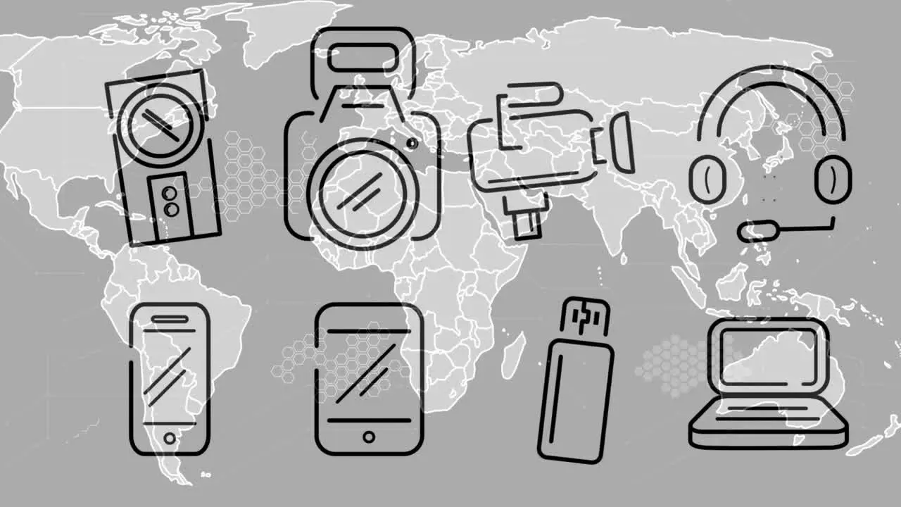 Animation of technology icons over world map on grey background