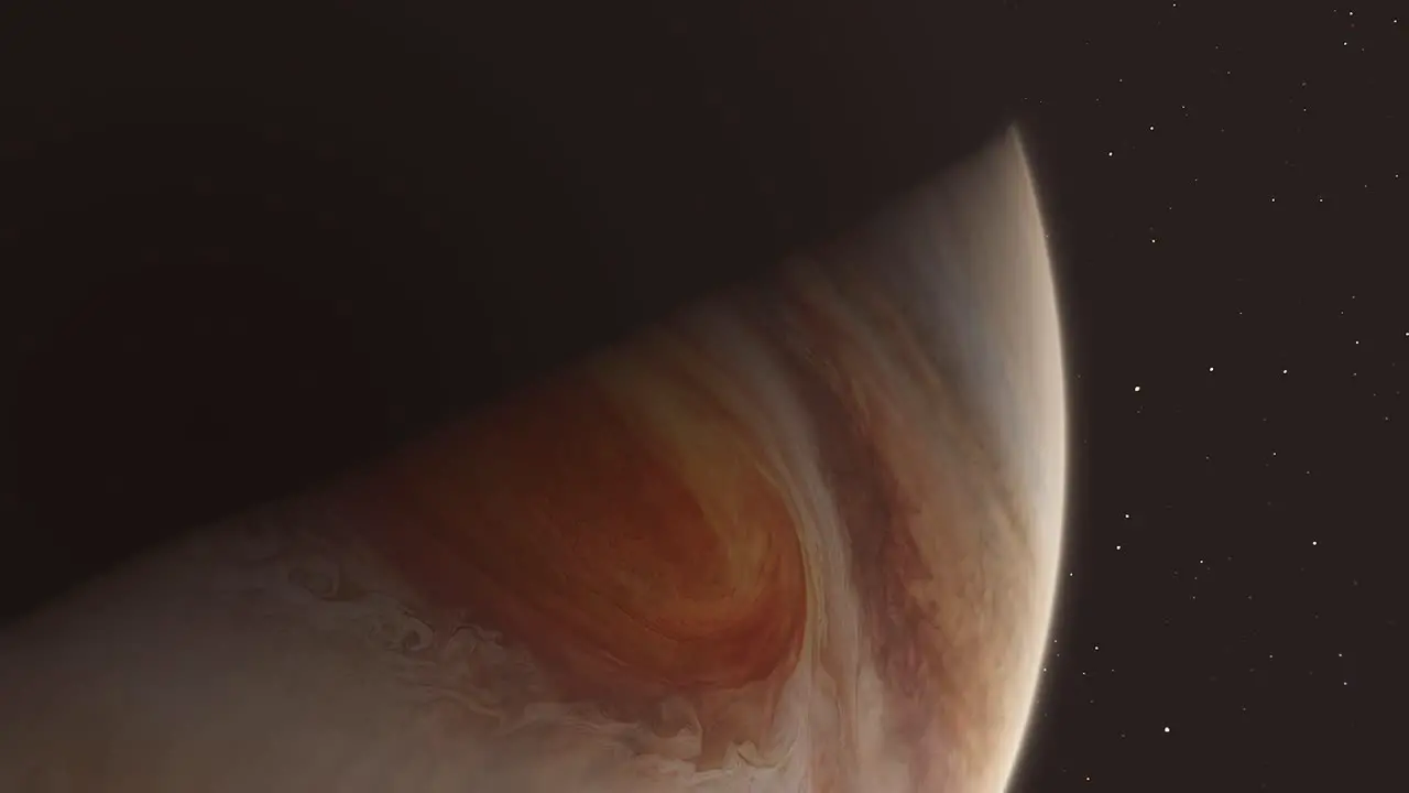 Timelapse Close Up of Gas Giant Planet Jupiter Big Red Eye Storm Turning Night to Day with Stars Background 4K