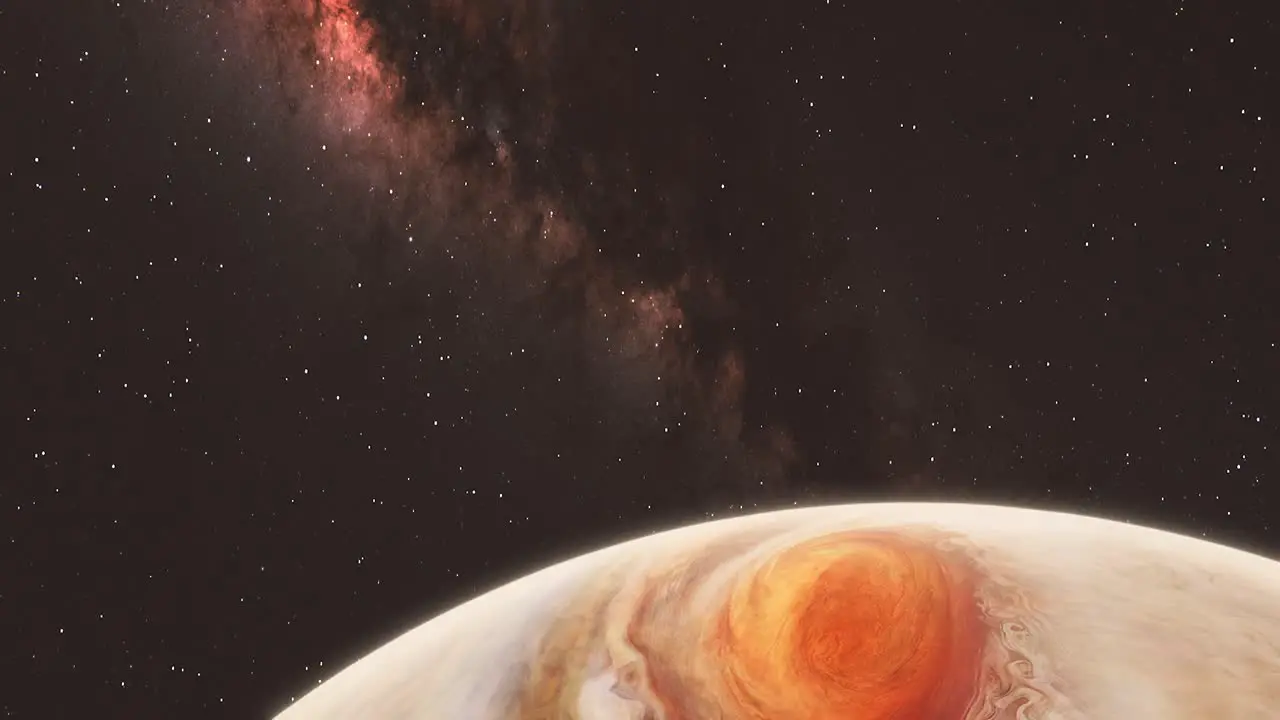 Milky Way Galaxy Elegant Panning Down Reveal Shot of Gas Giant Planet Jupiter with Big Red Eye Storm and Stars Background 4K