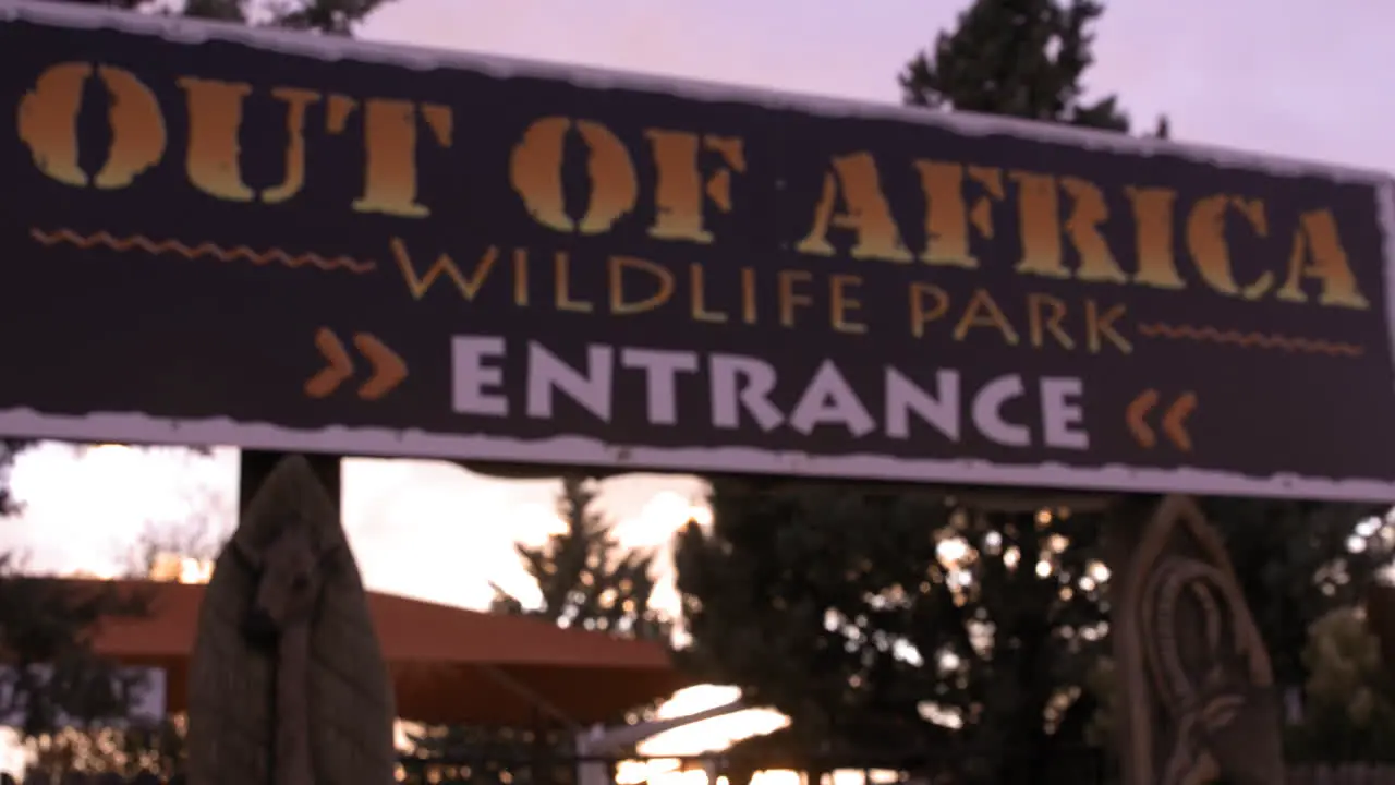 Camp Verde Arizona US Jan 6th 2024 Out of Africa Wildlife Park sign at sunset Rack focus