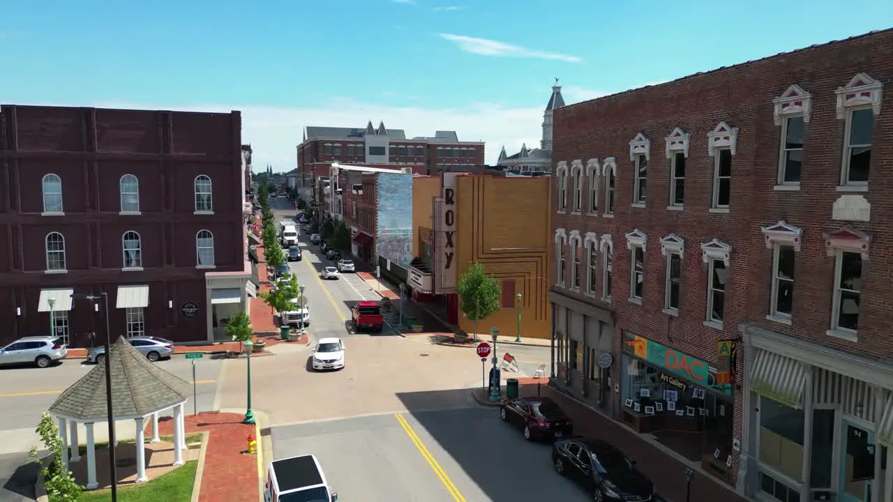 Flyaway shot of the Roxy Theater on Franklin Street located in downtown Clarksville Tennessee