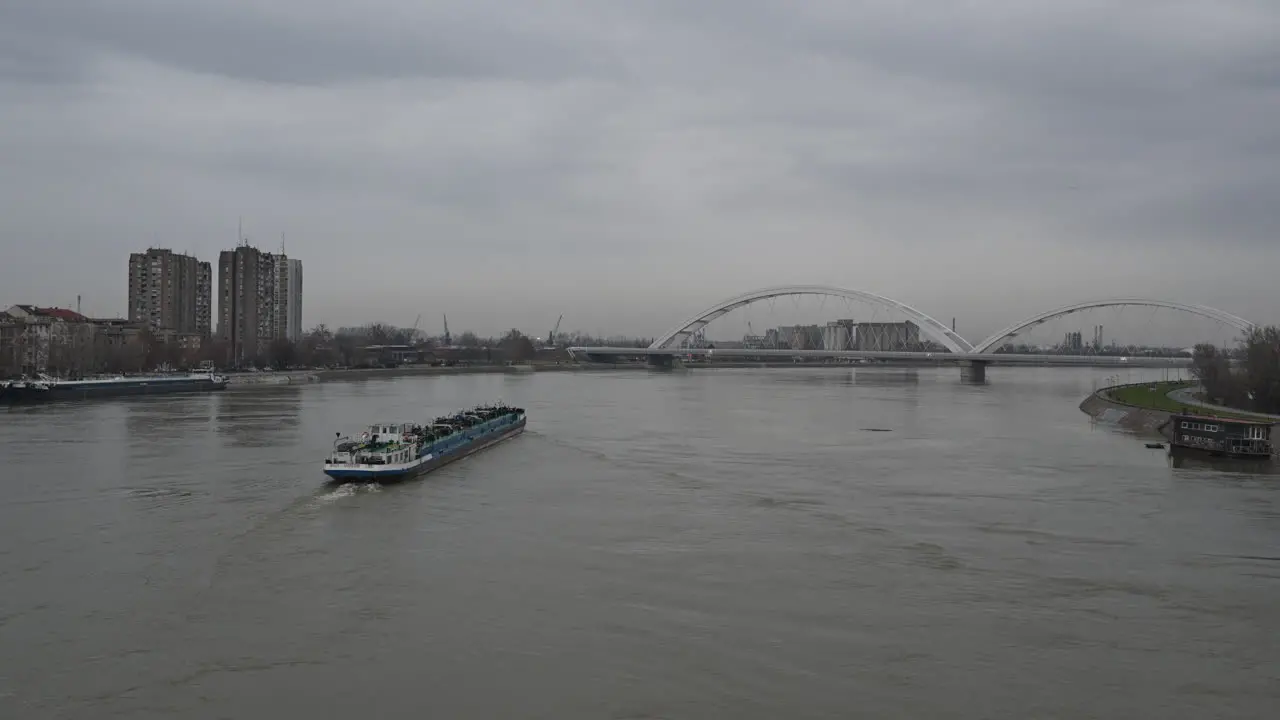 Novi Sad Serbia January 6 2024 River cargo ship on Danube in Novi Sad